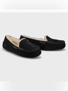 Women’s UGG Ansley Black Suede Moccasin Slippers with Cream Shearling